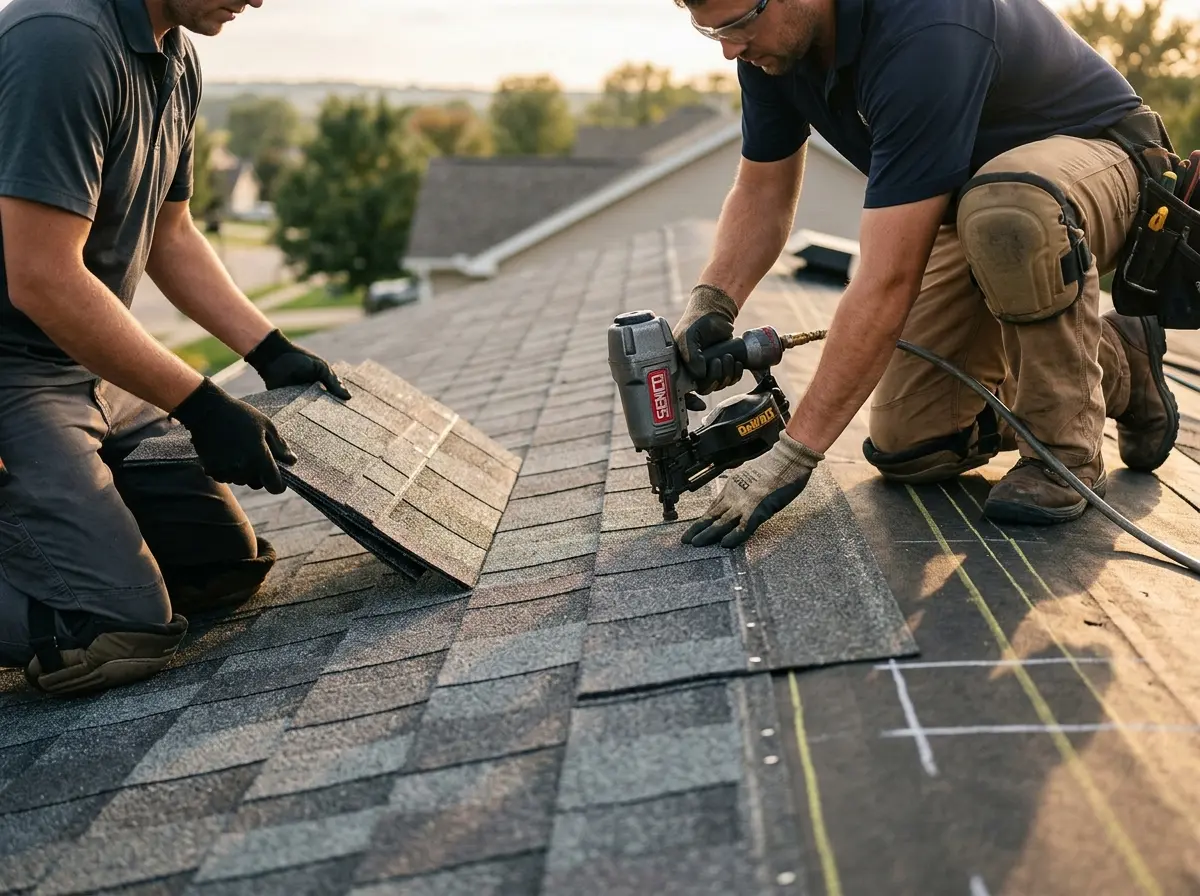 Professional roofer working on a residential roof in Steele Creek